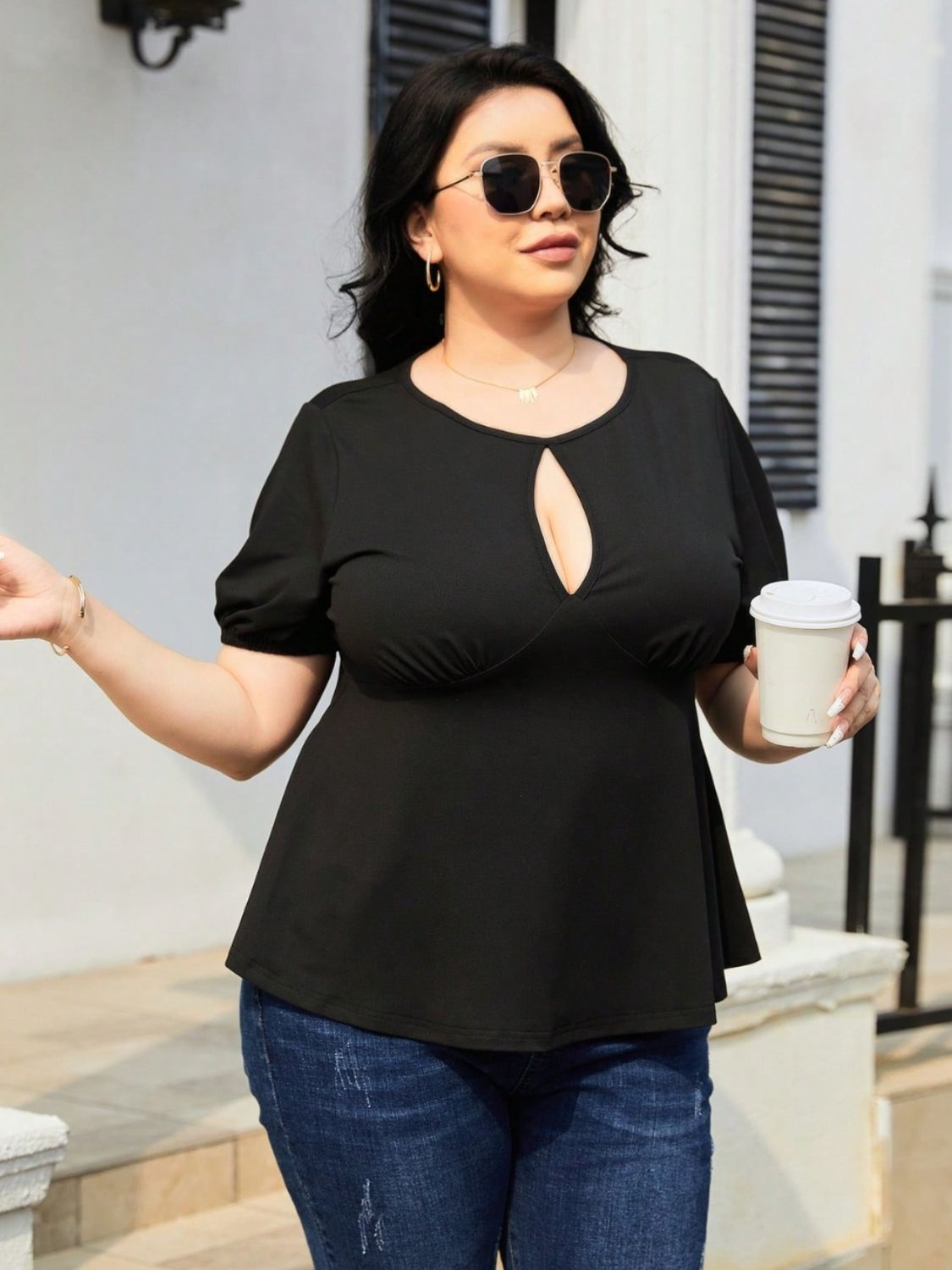 Plus Size Cutout Short Sleeve Blouse