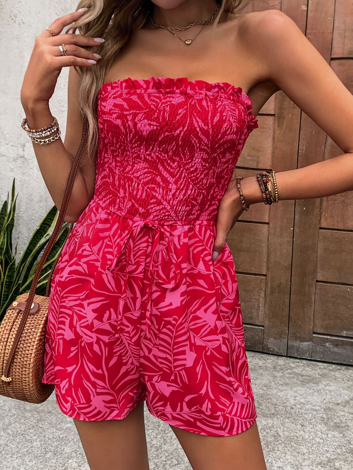 Smocked Printed Tube Romper with Pockets