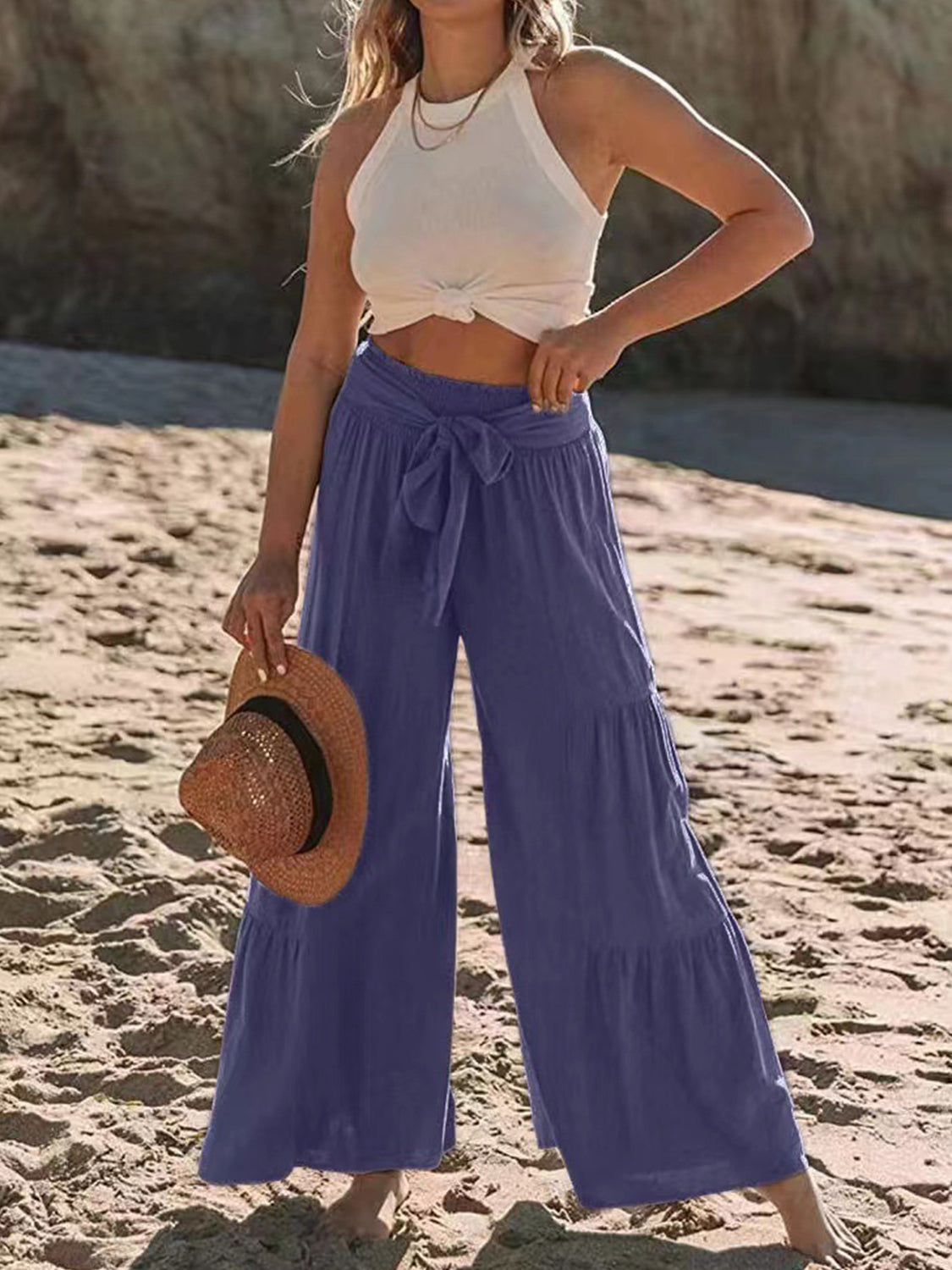 Tied Ruched Wide Leg Pants